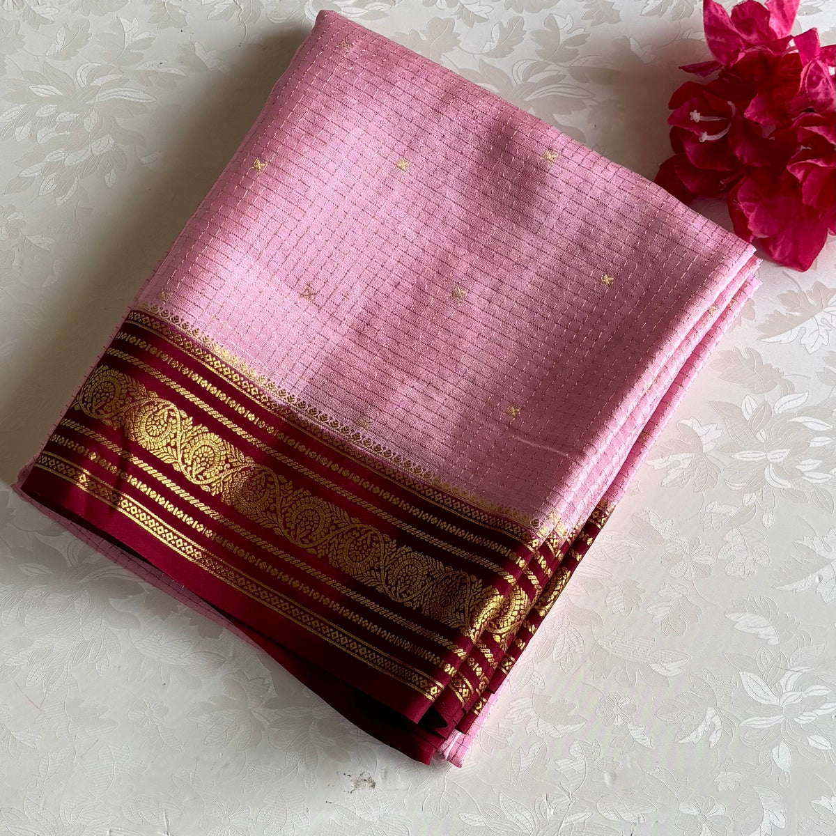 Blush Pink And Deep Maroon Mysore Crepe Silk Saree With Zari