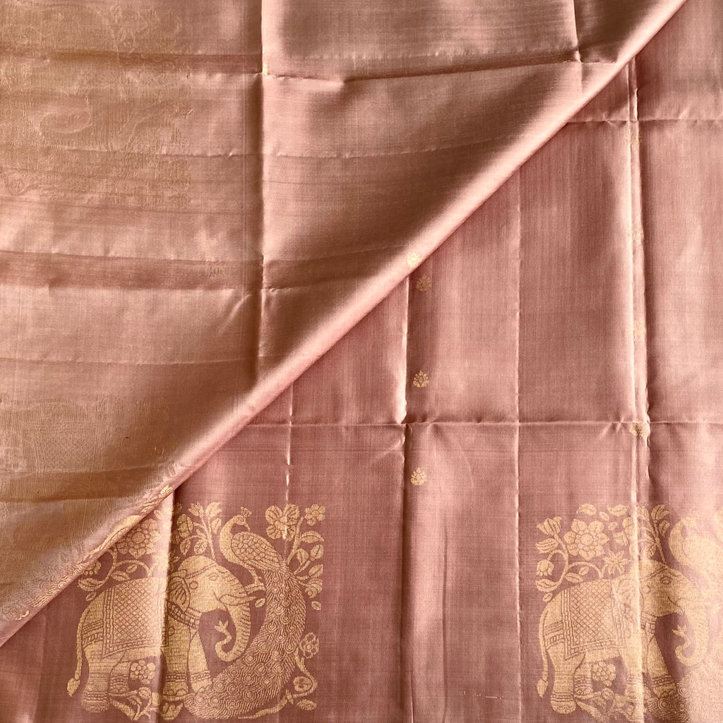 Dusty Rose Designer Pure Silk Saree With Antique Gold Woven Border