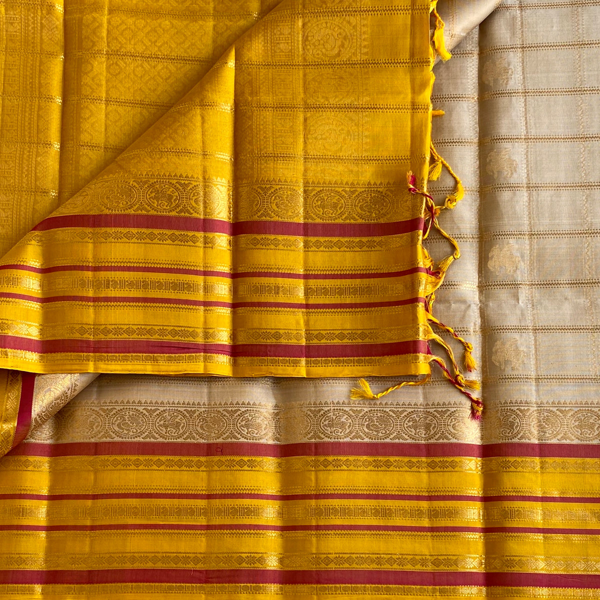 Ivory Designer Pure Silk Saree With Mustard & Rose Pink Pallu