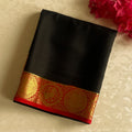 Jet Black Silk Saree Gold Brocade Medallion Border Crimson Edge
