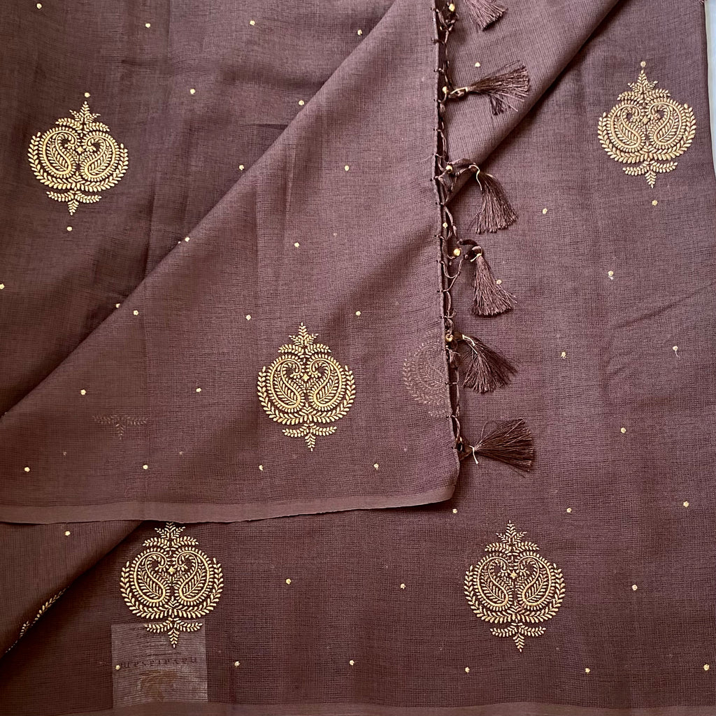 Dusty Plum Embroidered Paisley Saree with Beaded Tassel Gold Zari
