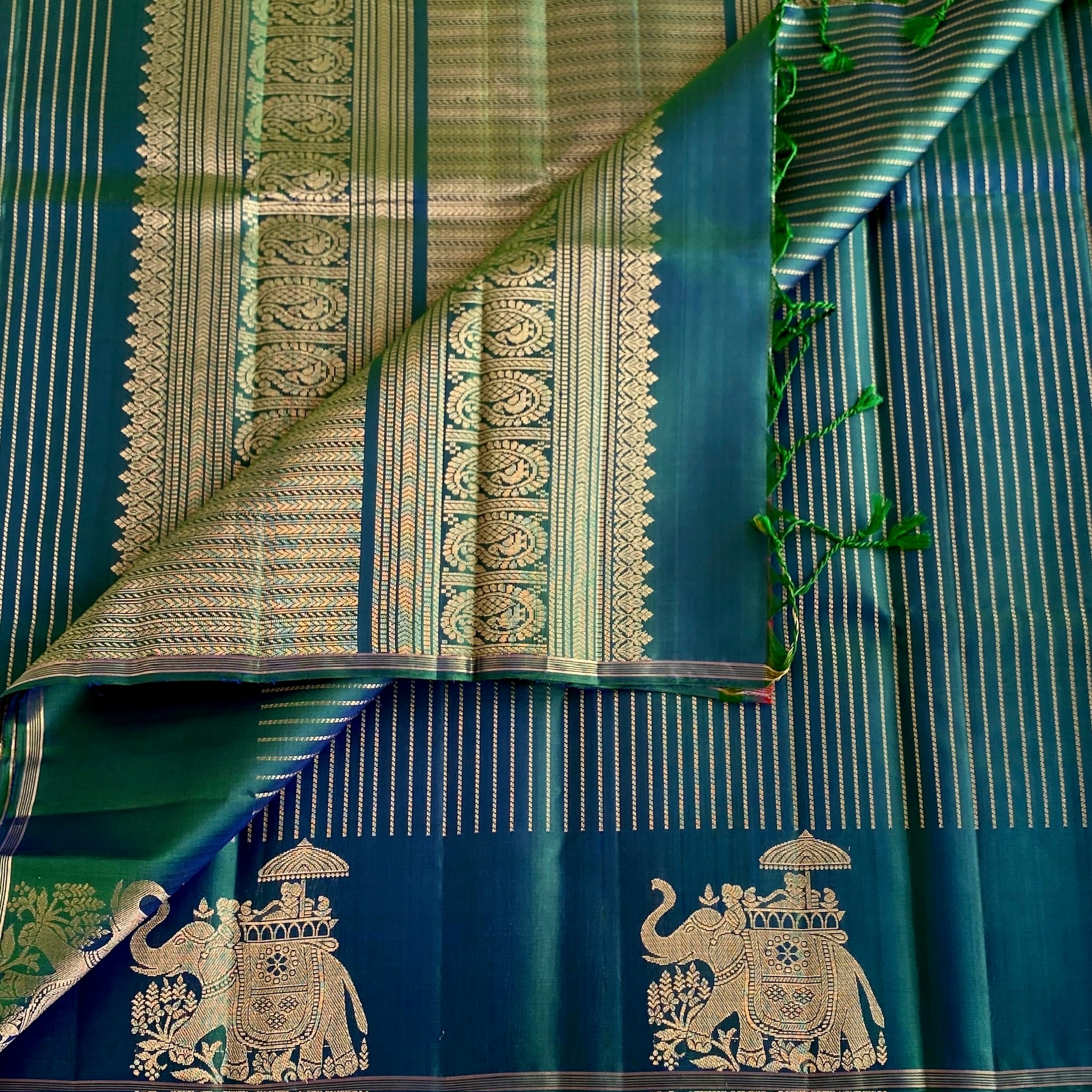 Peacock Blue Designer Pure Silk Saree With Rich Elephant Borders