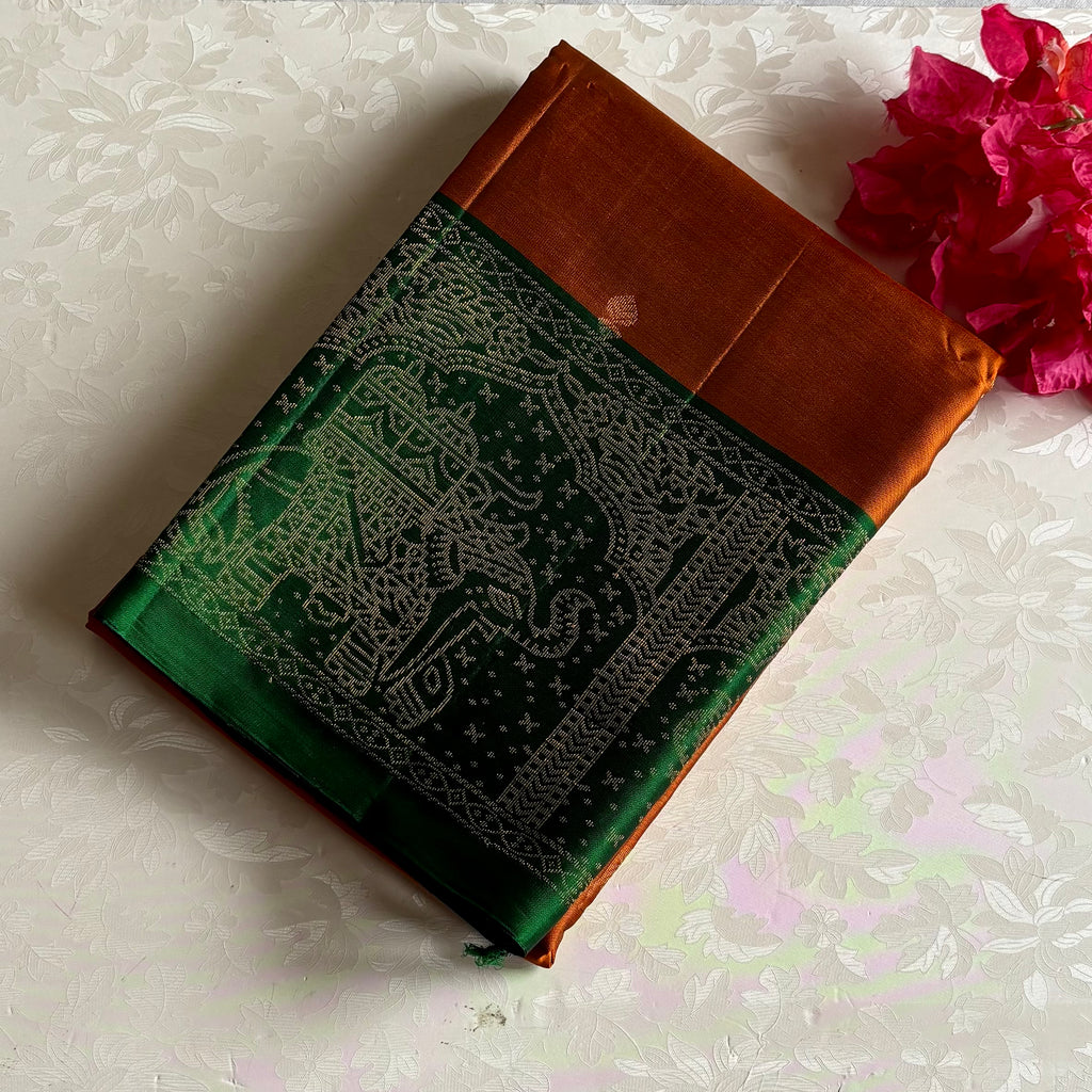 Burnt Orange Designer Pure Silk Saree With Emerald Green Pallu