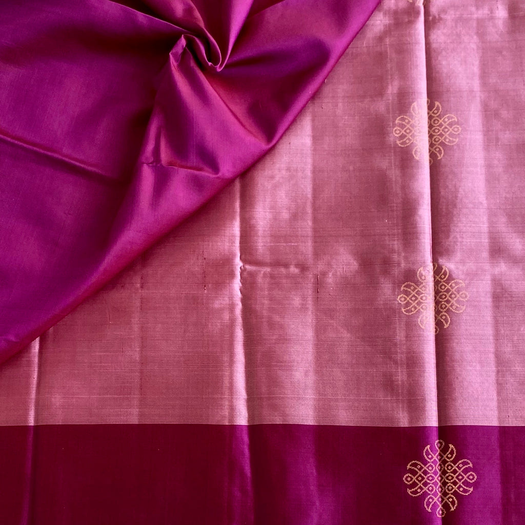 Pastel Metallic Rose Pink Designer Pure Silk With Berry Pink Pallu & Kollam Buttas