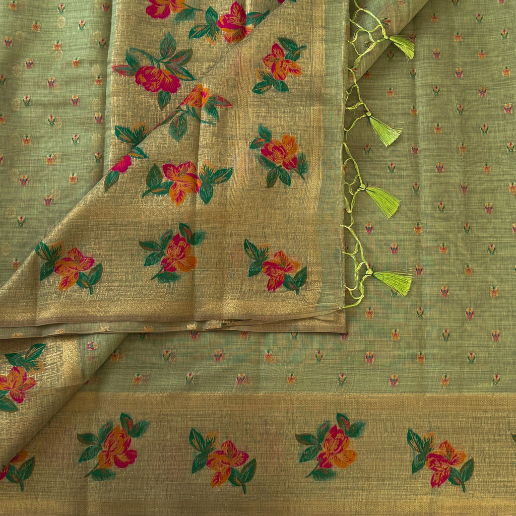 Elegant Pistachio Floral Zari Tassel Saree For Festive Traditional Occasions