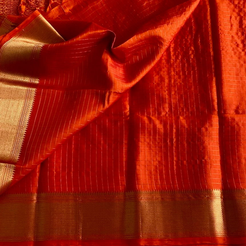 Saffron Orange Micro Checkered Designer Pure Silk with Gold Border
