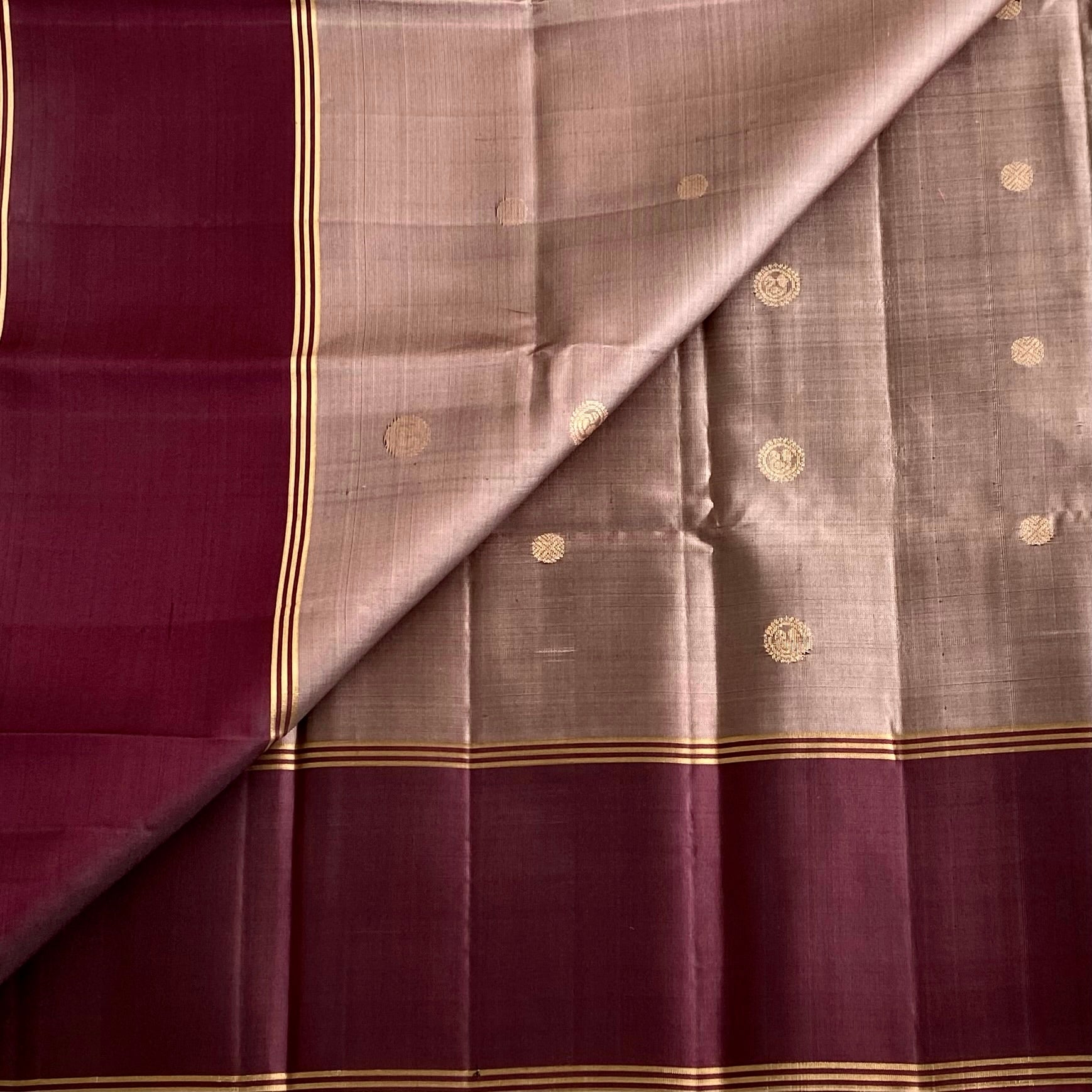 Metallic Taupe Designer Pure Silk Saree With Burgundy Brocade Pallu