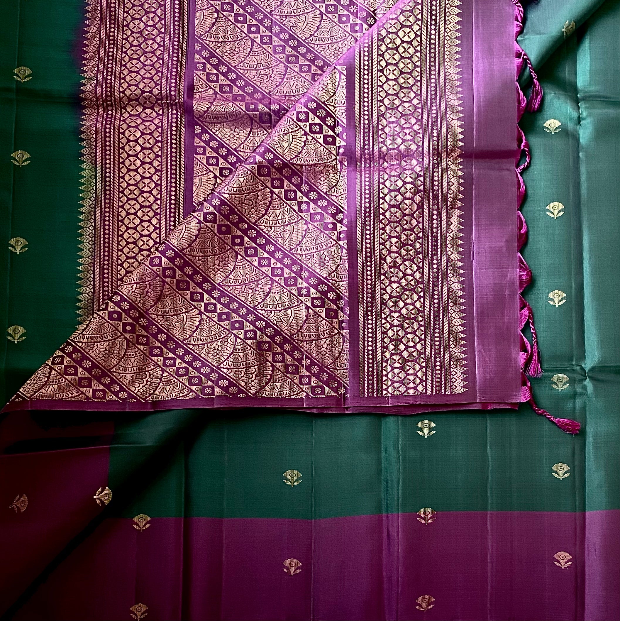 Magenta Purple Pallu Teal Silk Saree With Gold Zari Brocade Border