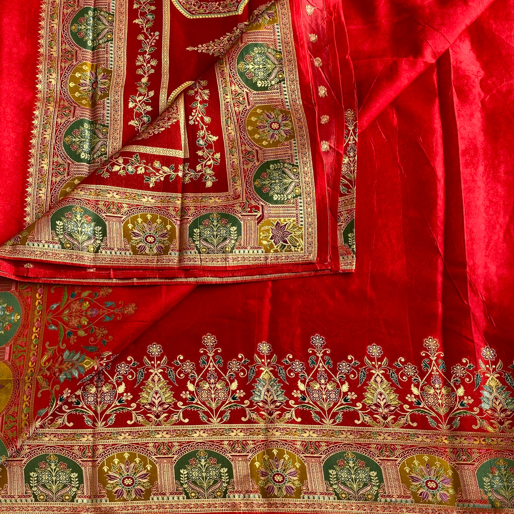 Crimson Red Meenakari Soft Tussar Silk Saree With Olive Green Motifs