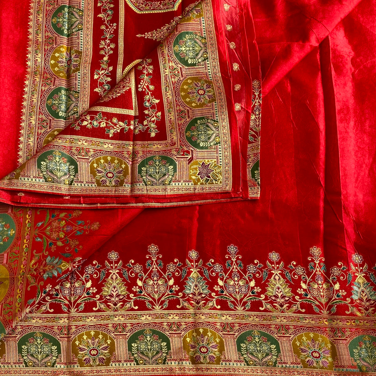 Crimson Red Meenakari Soft Tussar Silk Saree With Olive Green Motifs