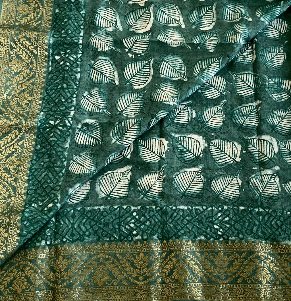 Teal Green Ajrakh Handblock Printed Silk Saree With Antique Gold Brocade