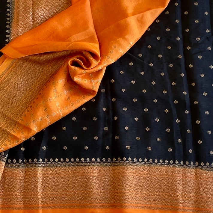 Obsidian Black Banarasi Soft Crepe Silk with Rust Orange Stunner