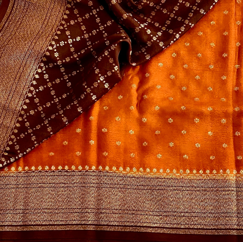 Burnt Orange Banarasi Soft Crepe Silk With Chocolate Brown Pallu