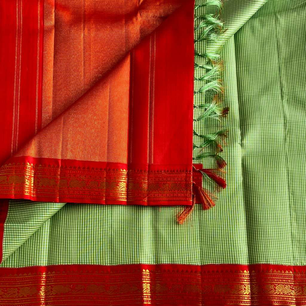 Micro Checkered Mint Green Kanjeevaram Pure Zari Silk Saree With Crimson Red Pallu