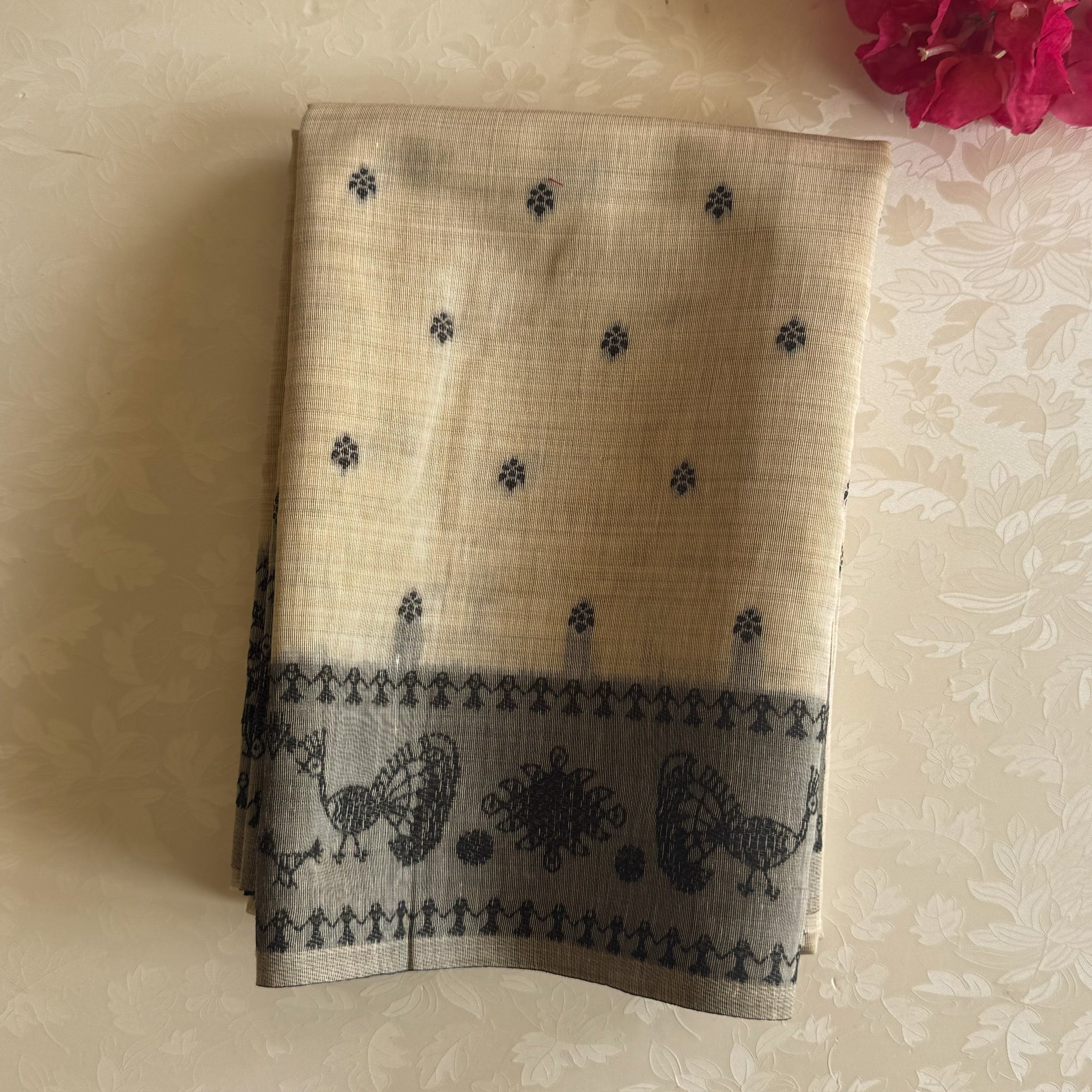 Beige Slate Grey Folk Print Saree With Tassel Border Handloom