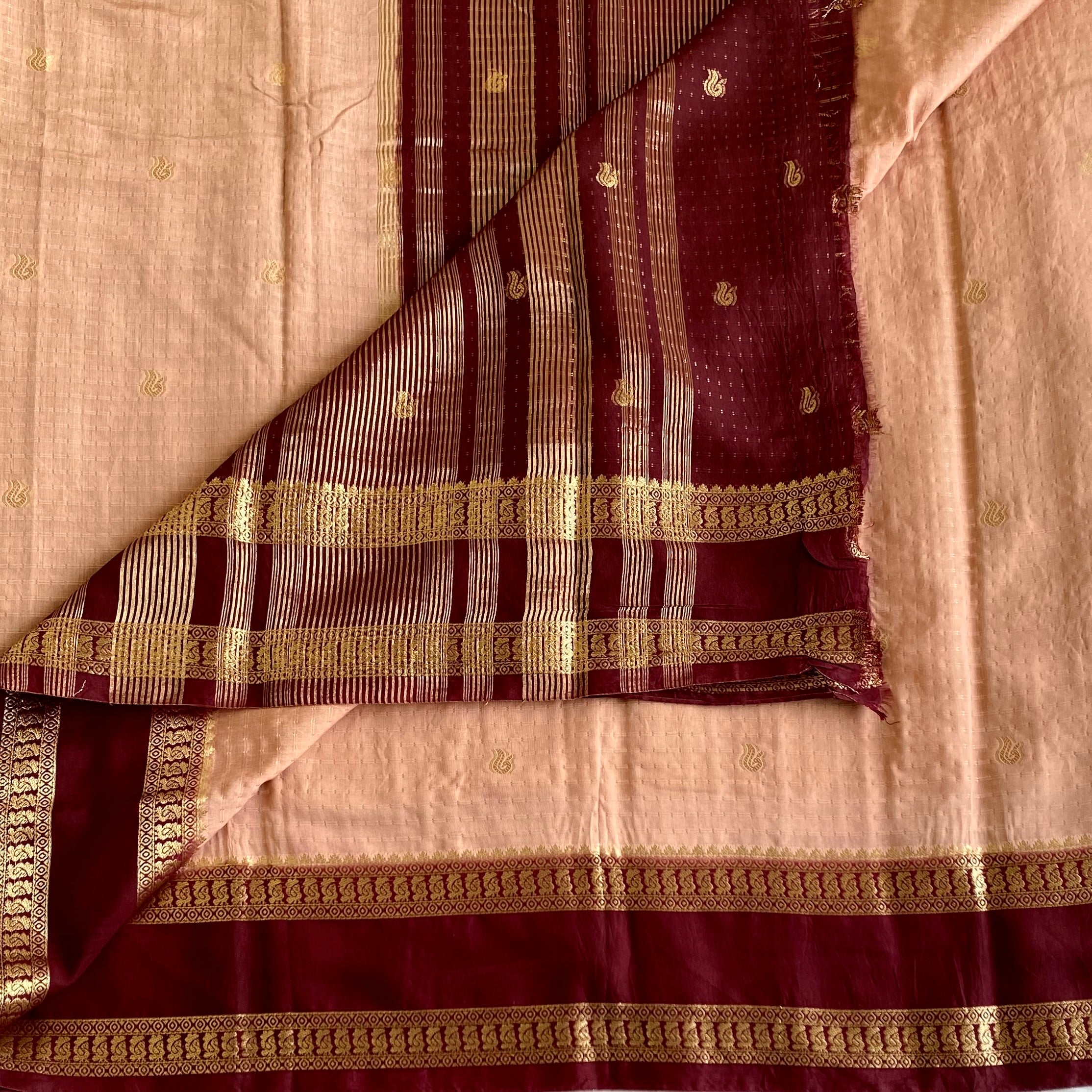 Peach Soft Tussar Silk Saree With Maroon Pallu And Gold Zari