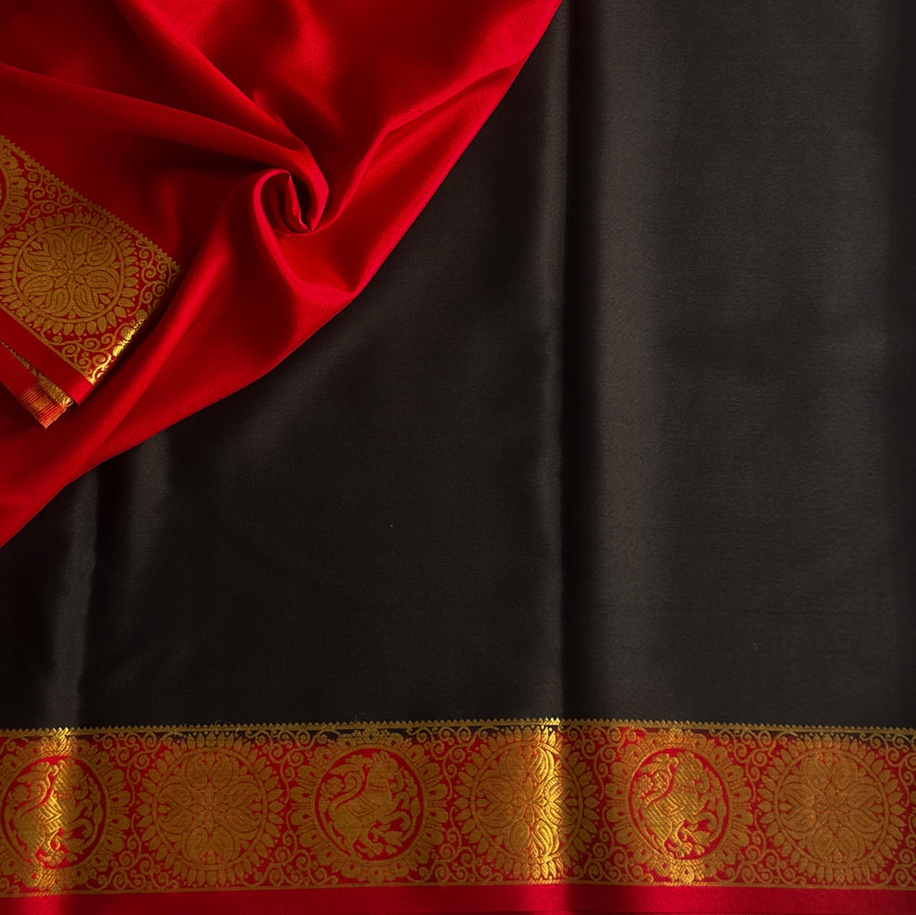 Jet Black Silk Saree Gold Brocade Medallion Border Crimson Edge