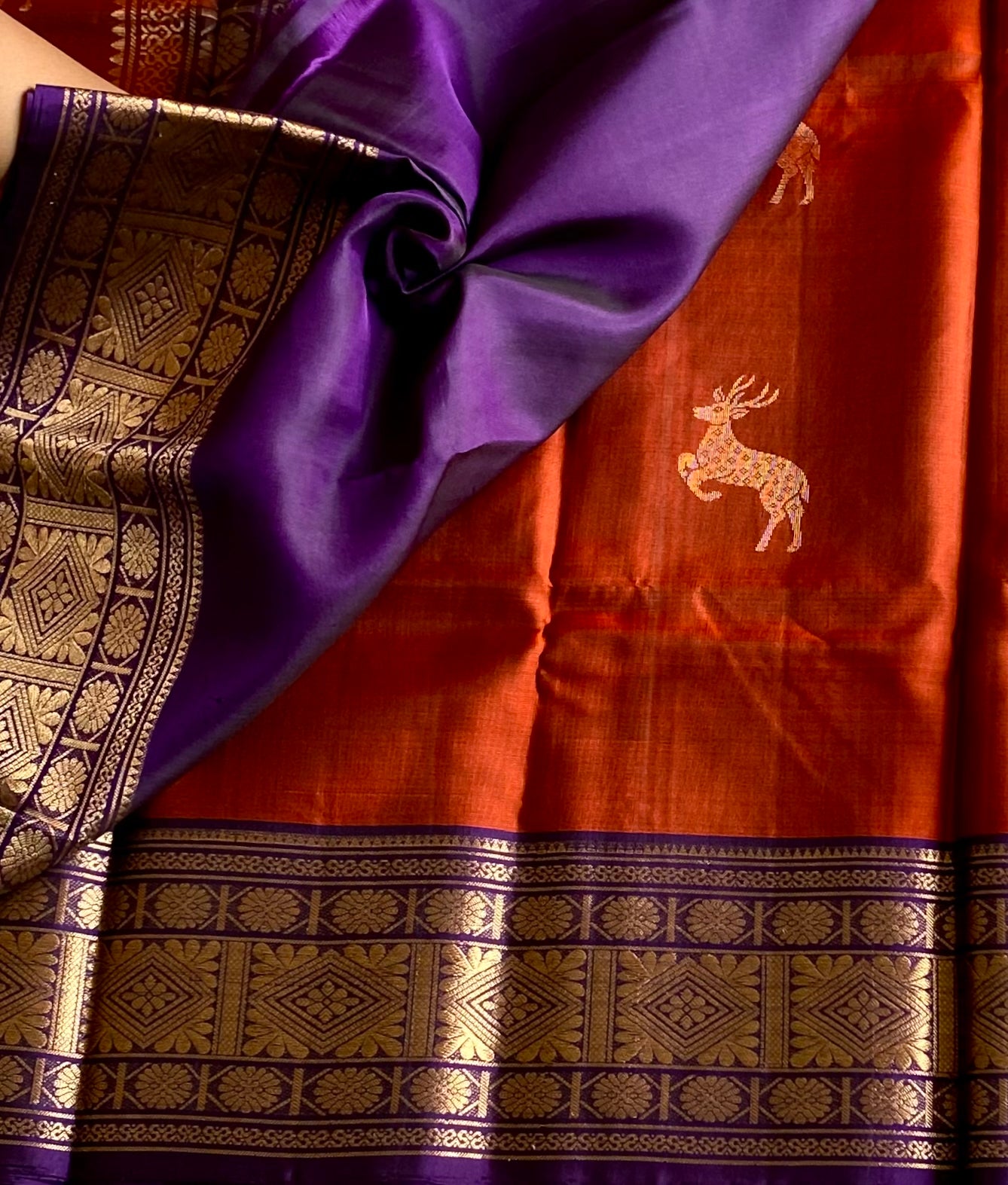 Rust Orange Silk Saree Purple Zari Pallu Woven Border