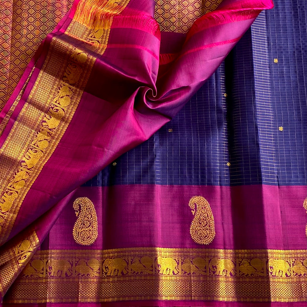 Indigo Navy Kanjeevaram Pure Zari Checkered Silk Saree With Deep Magenta Pallu