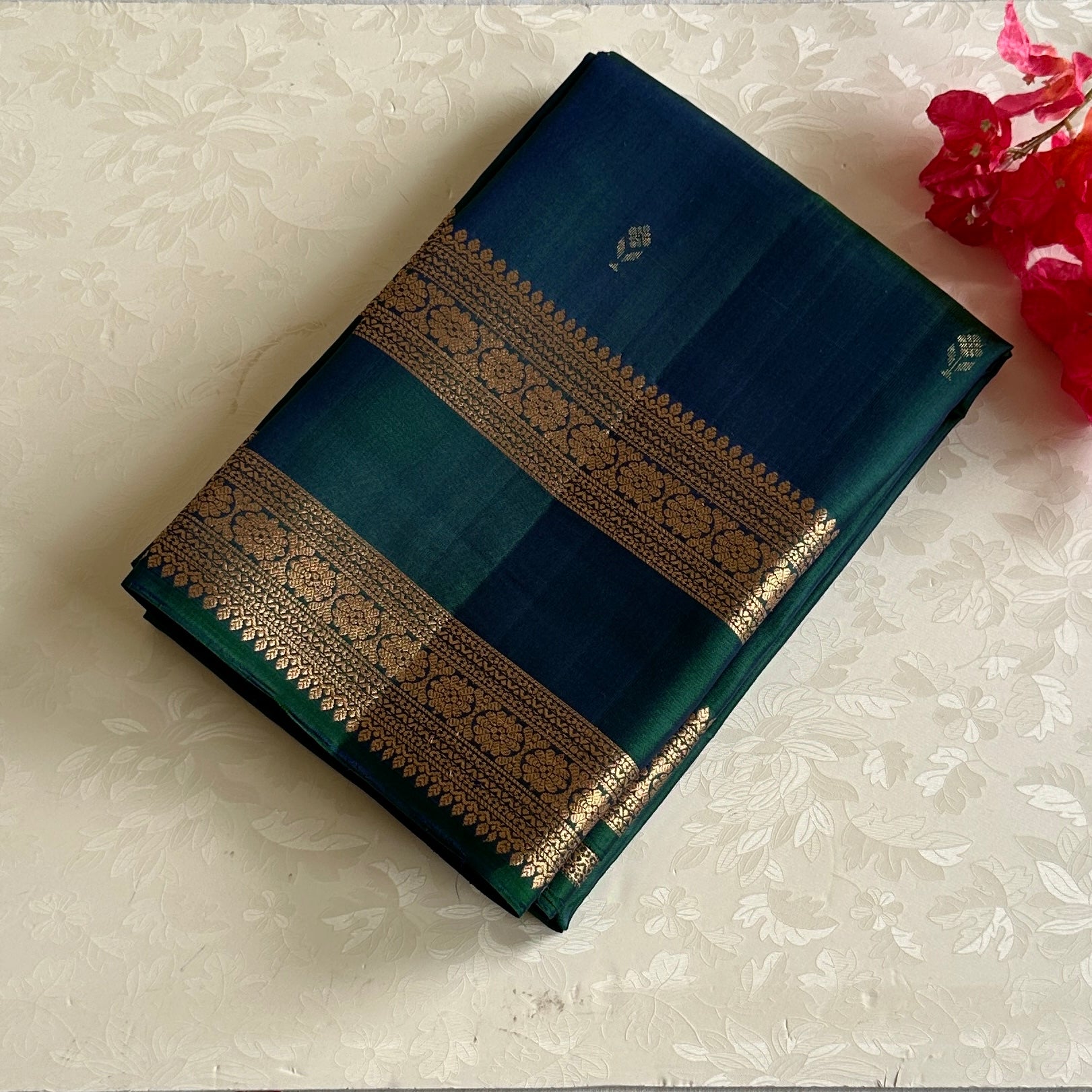 Peacock Blue Designer Pure Silk Saree Antique Gold Zari Border