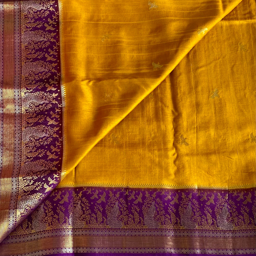 Sunflower Yellow Soft Tussar Silk Saree With Royal Purple Pallu