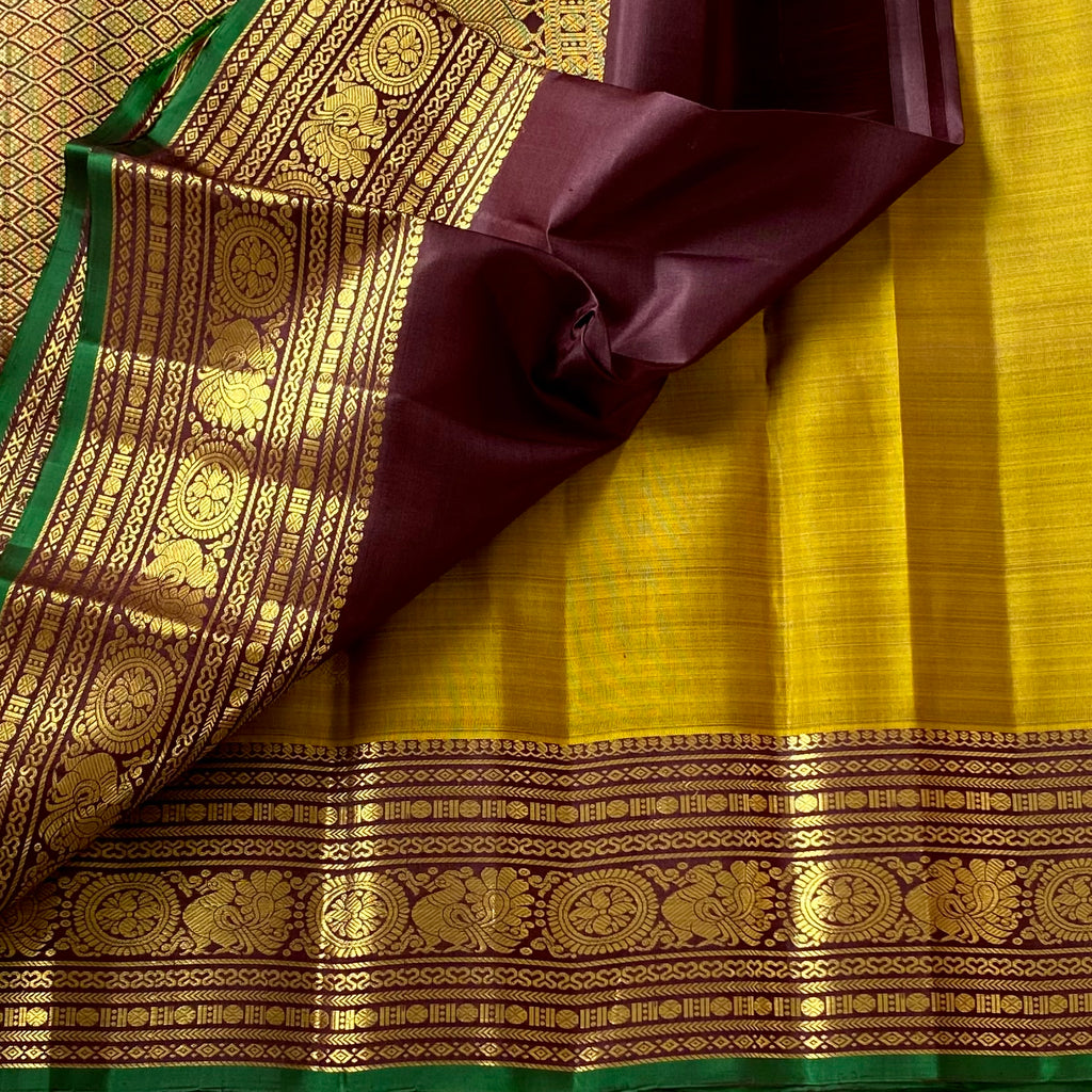 Mustard Yellow Silk Saree Burgundy Pallu Gold Brocade Green Border