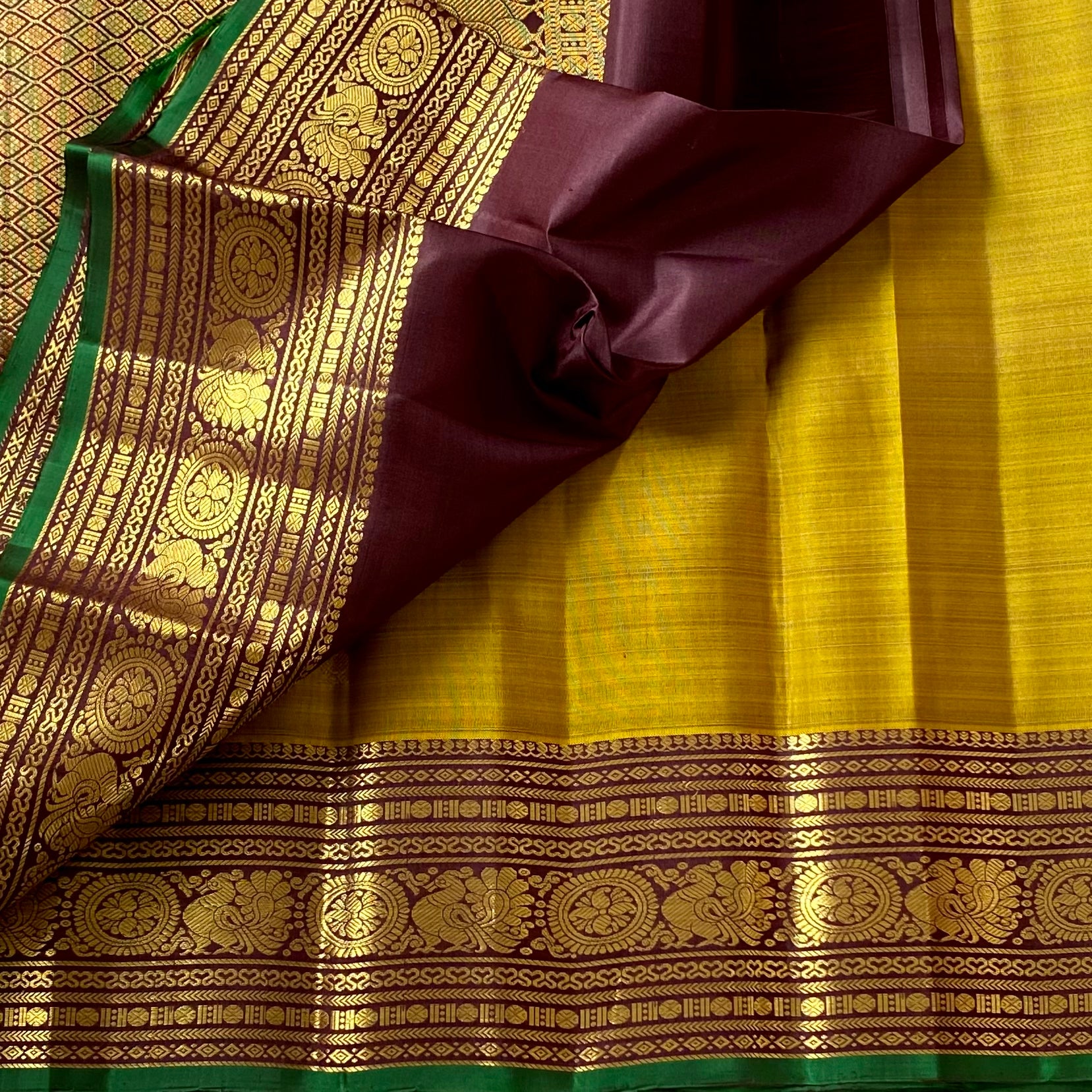 Mustard Yellow Silk Saree Burgundy Pallu Gold Brocade Green Border