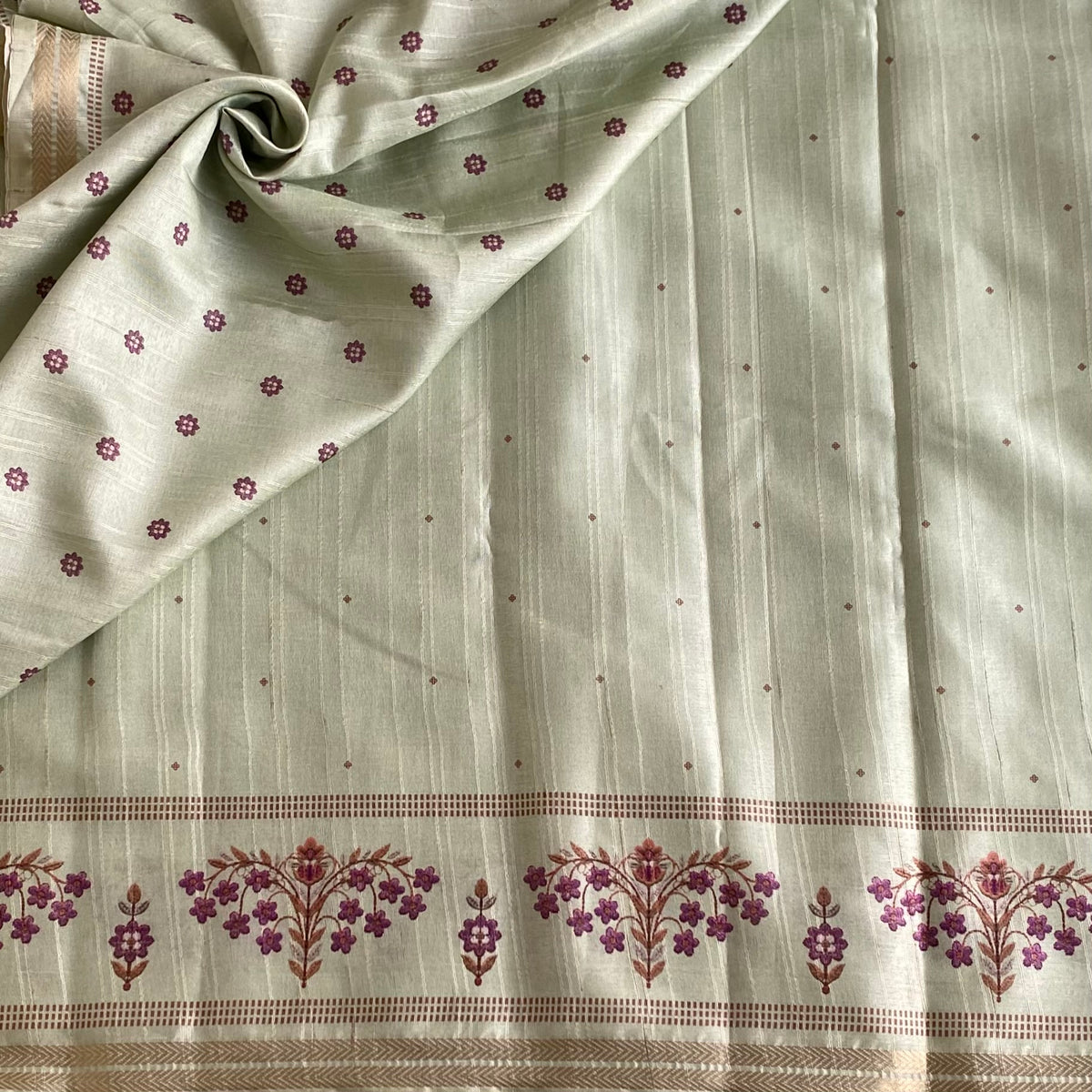 Pastel Sage Green Softest Tussar Saree With Deep Magenta Floral Border
