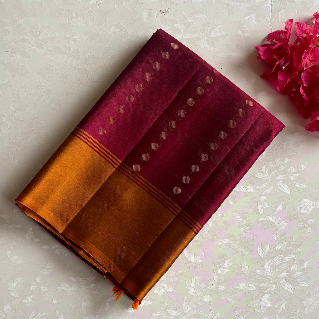 Deep Magenta Wine Designer Pure Silk Saree With Mustard Gold Pallu
