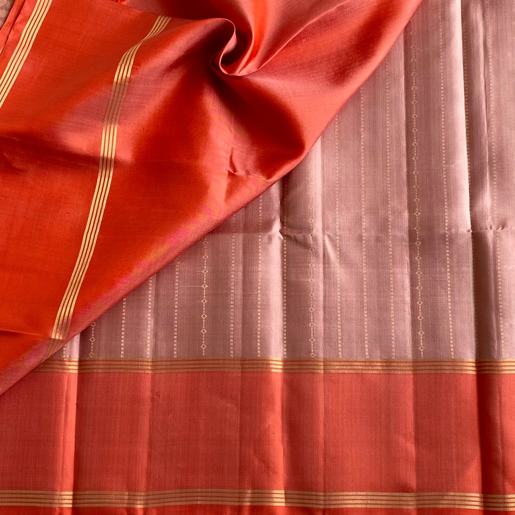 Dusty Rose Designer Pure Silk Saree With Coral Orange Pallu