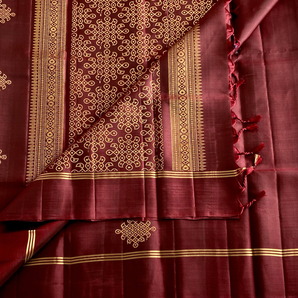 Deep Wine Brown Designer Pure Silk Saree With Antique Gold Zari