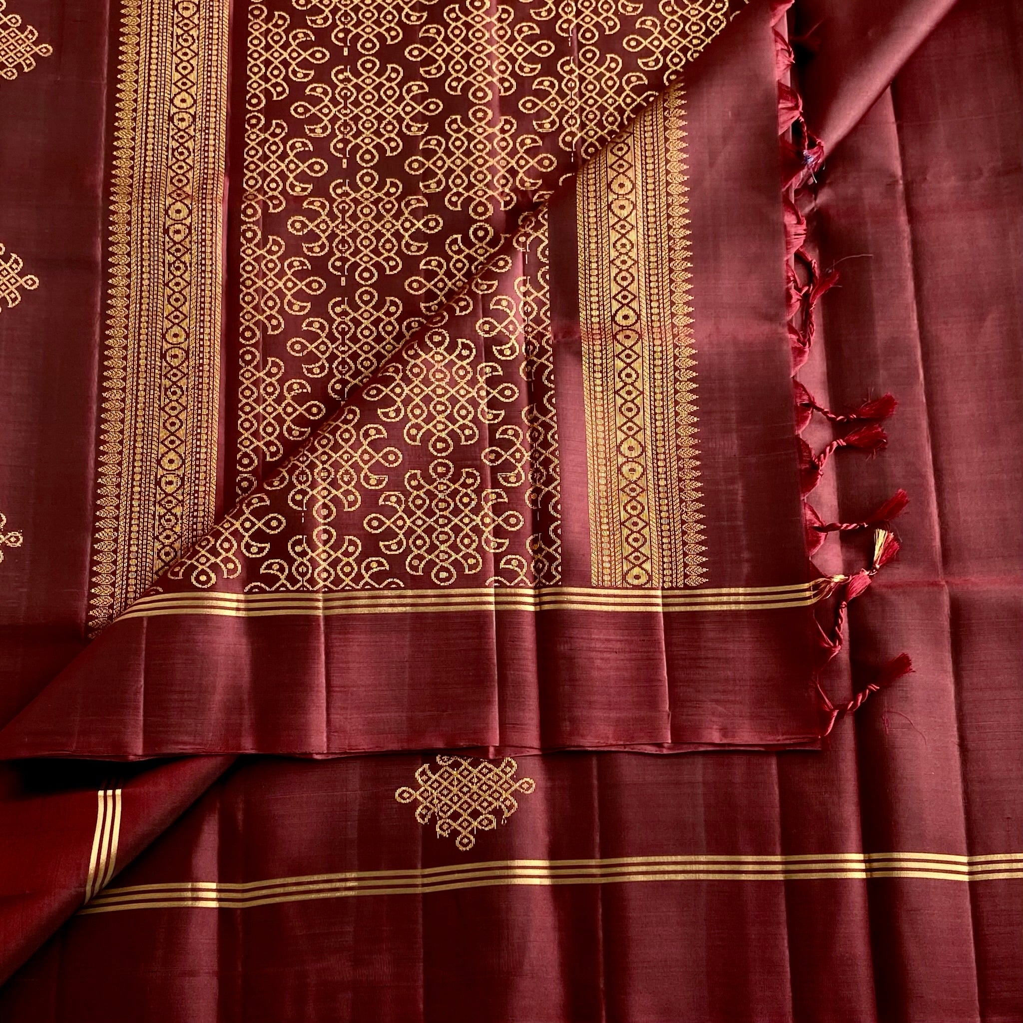 Deep Wine Brown Designer Pure Silk Saree With Antique Gold Zari