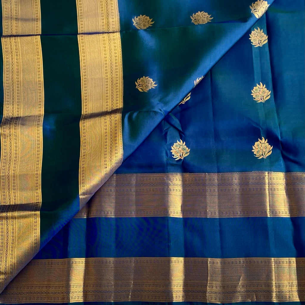 Peacock Blue Designer Pure Silk Saree With Antique Gold Pallu And Border