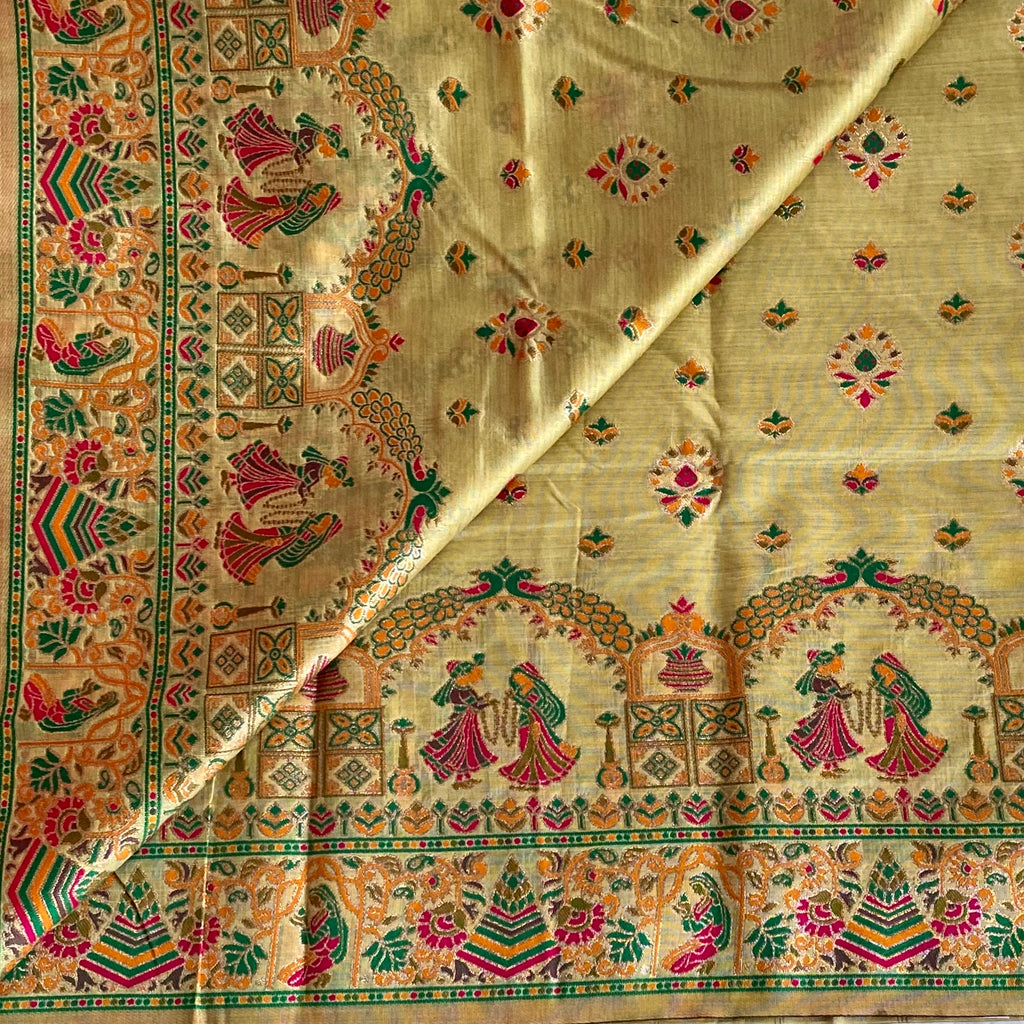 Olive Gold Banarasi Brocade Saree with Peacock Dancer Motifs Silk