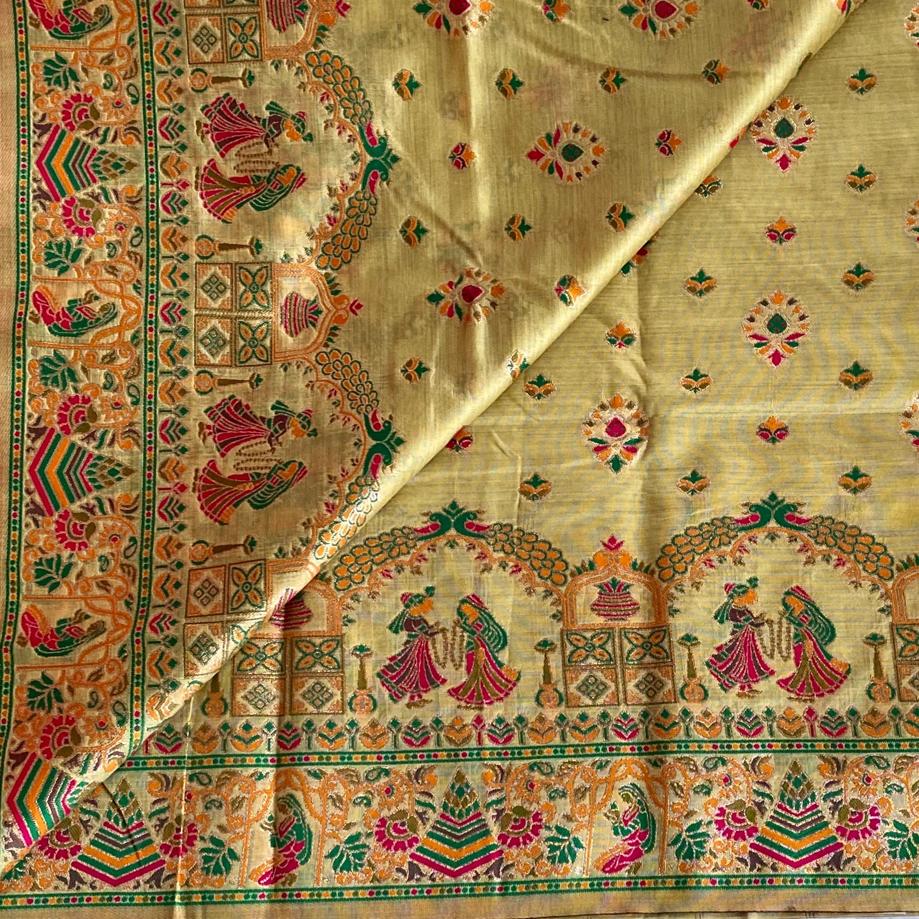 Olive Gold Banarasi Brocade Saree with Peacock Dancer Motifs Silk