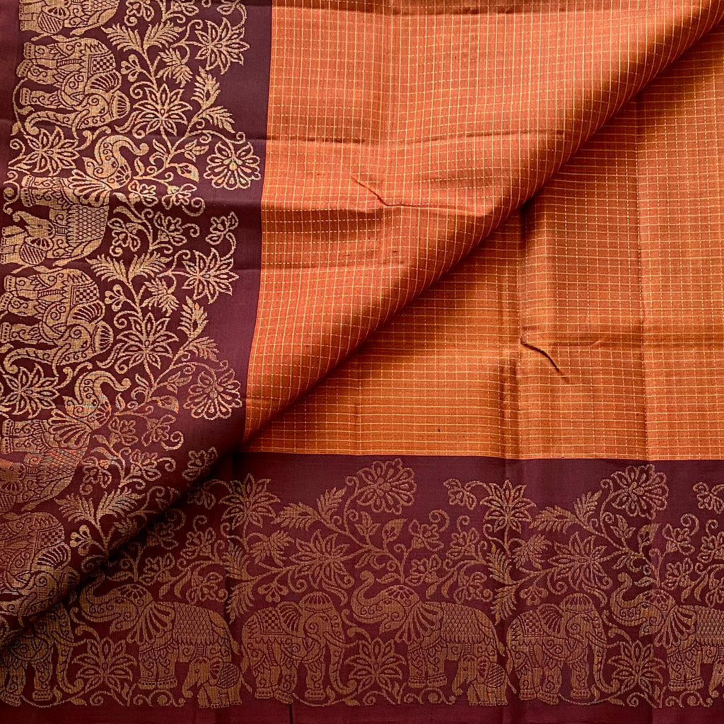 Rust Luxury Designer Pure Silk With Wine Brown Pallu Elephant Border