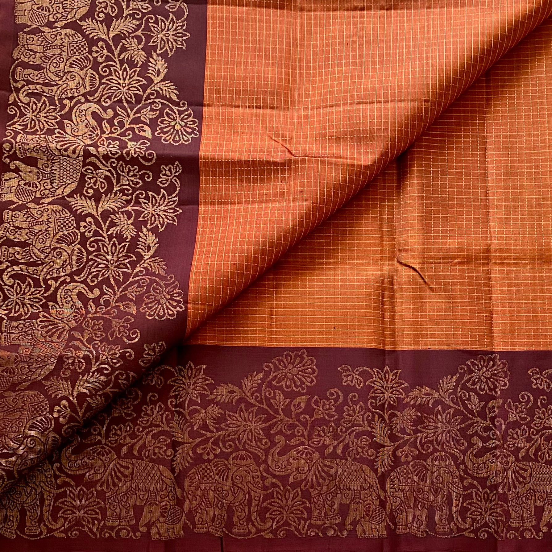 Rust Luxury Designer Pure Silk With Wine Brown Pallu Elephant Border