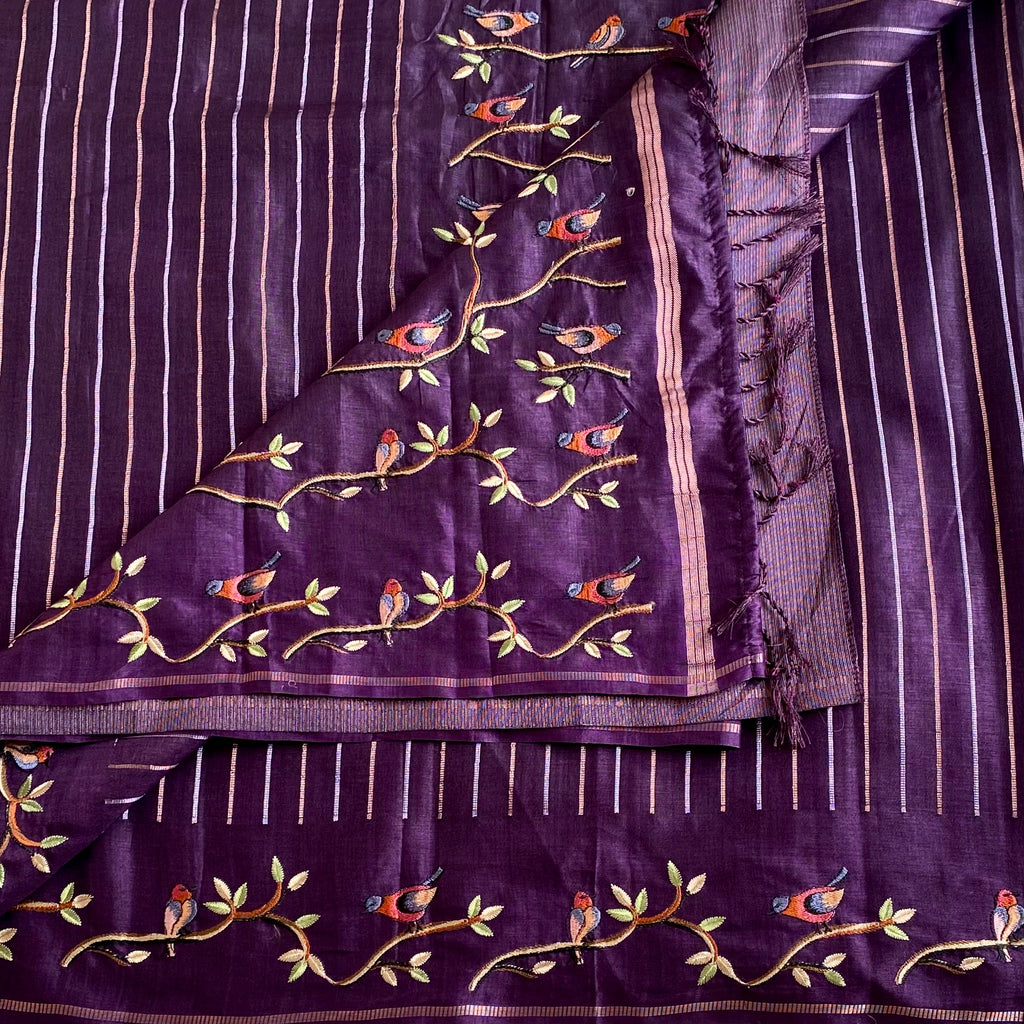 Deep Purple Soft Tussar With Designer Embroidered Borders