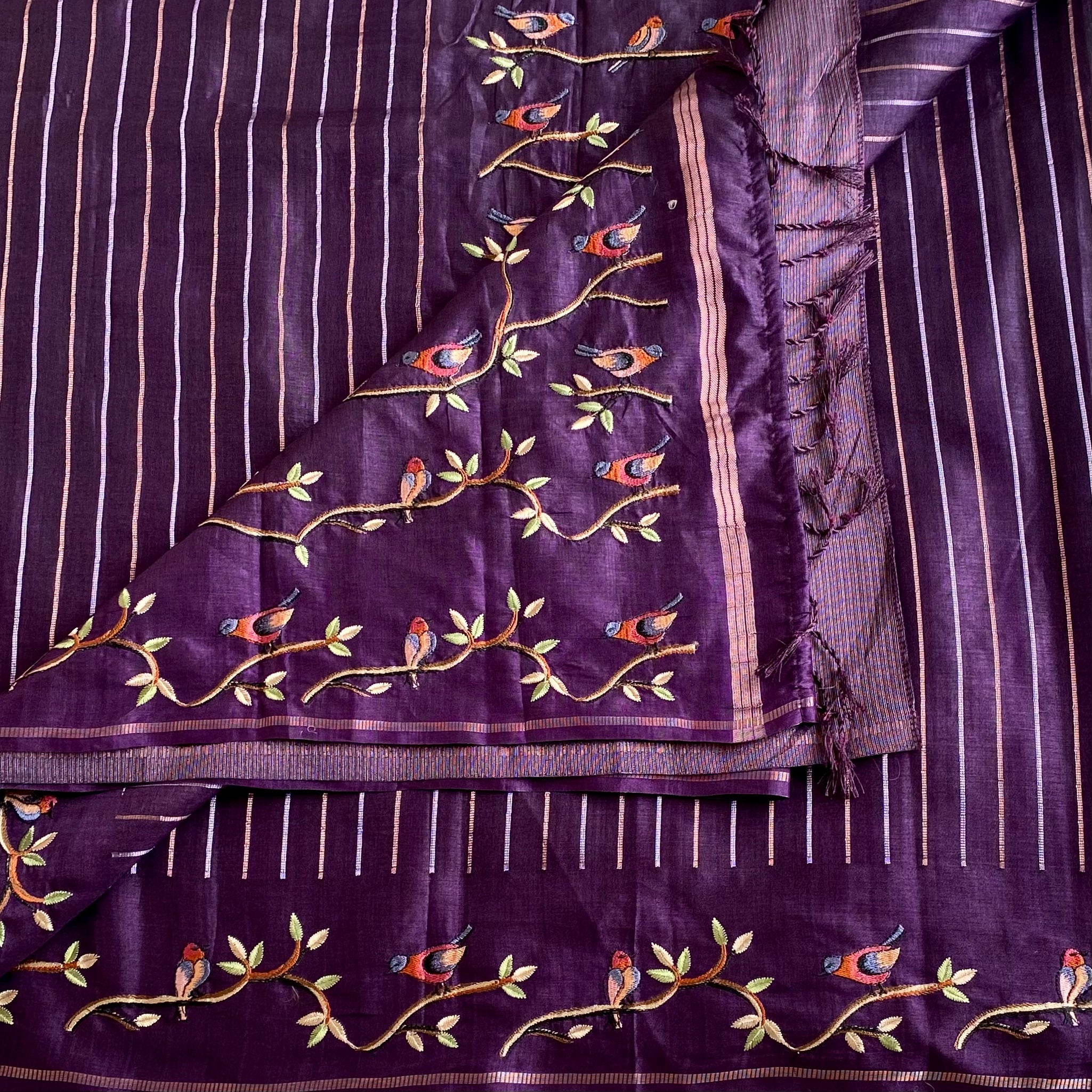 Deep Purple Soft Tussar With Designer Embroidered Borders