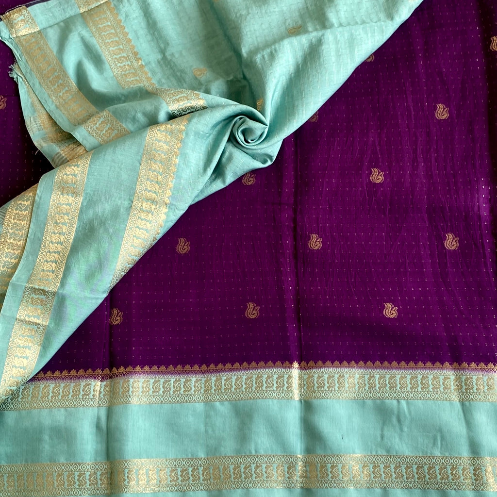 Royal Purple Soft Tussar Silk Saree With Seafoam Green Pallu