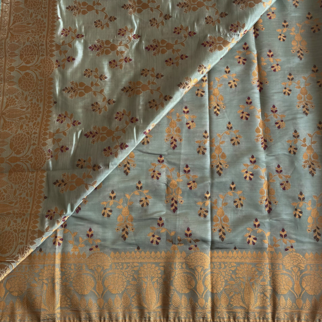 Sage Green Silk Saree Gold Brocade Floral Tassel Pallu Traditional