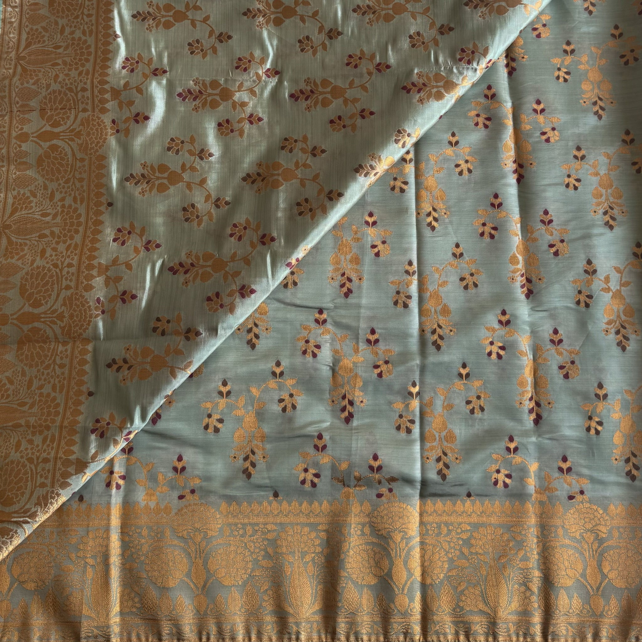 Sage Green Silk Saree Gold Brocade Floral Tassel Pallu Traditional