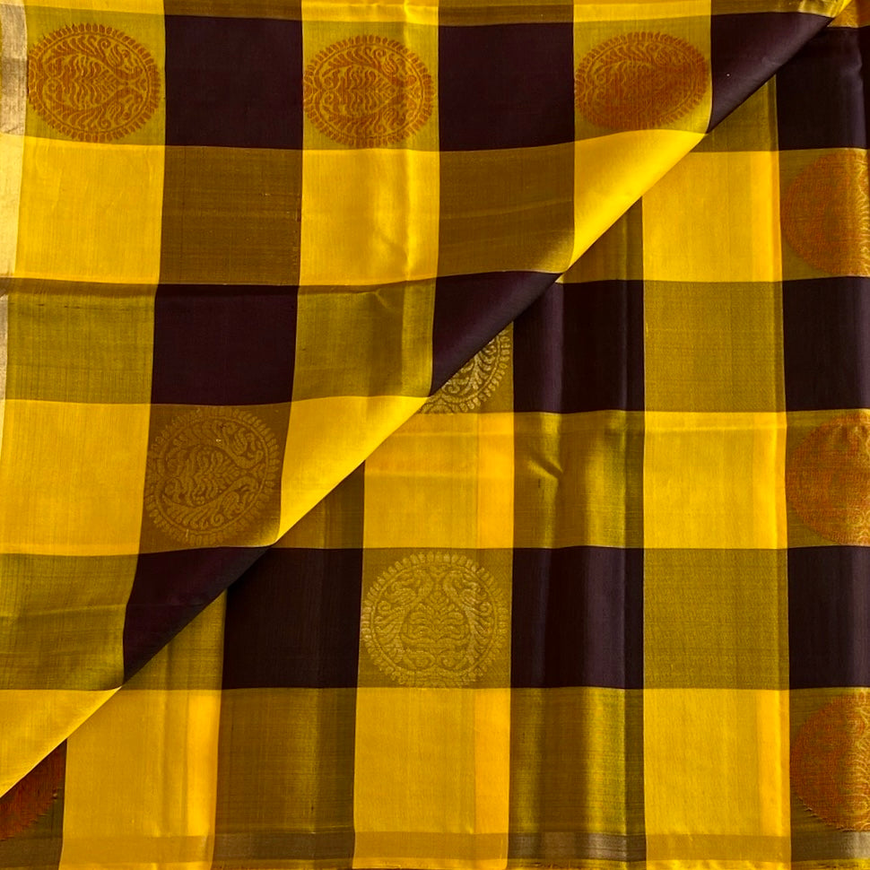Mustard n Black Checkered Designer Pure Silk With Deep Brown Pallu