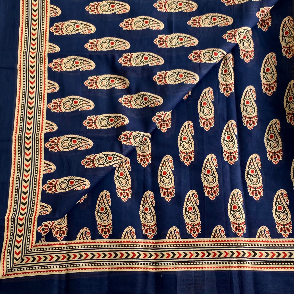 Navy Blue Handblock Printed Saree With Cream Paisley Pallu