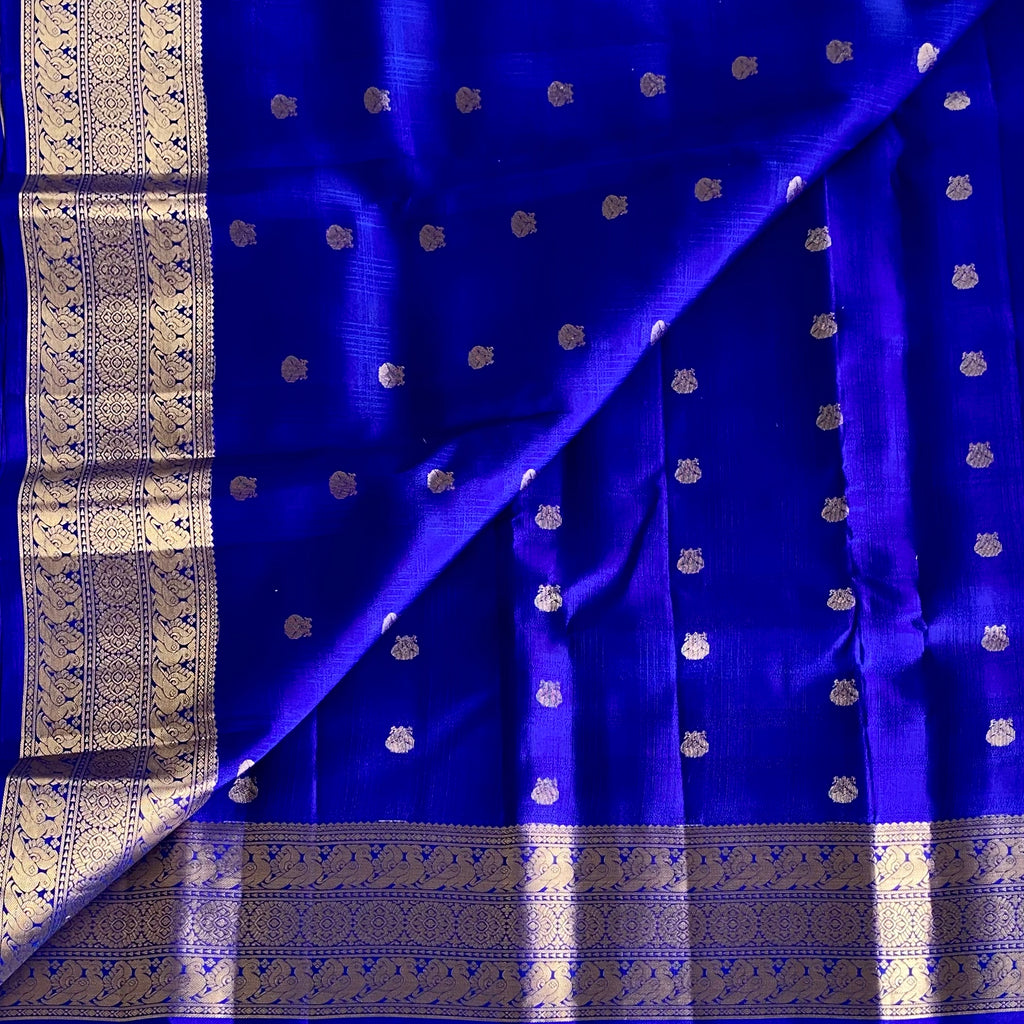 Royal Blue Designer Pure Silk Saree With Metallic Gold Brocade Border