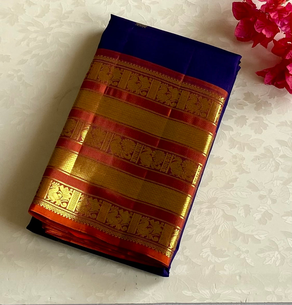 Royal Blue Saffron Orange Silk Saree With Gold Zari Border