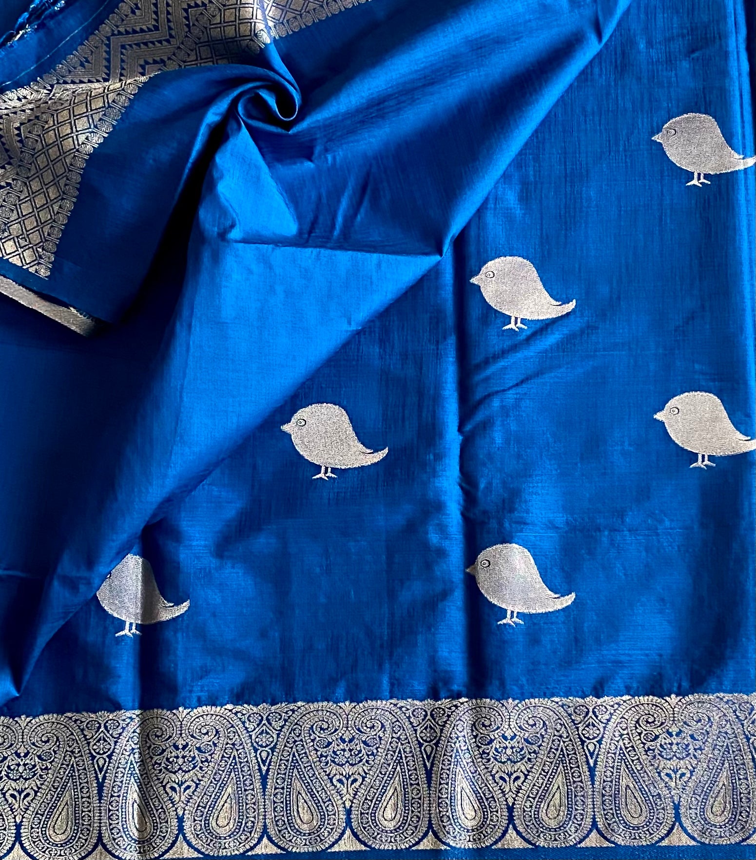 Royal Blue Silk Saree Silver Paisley Border Bird Motif Pallu