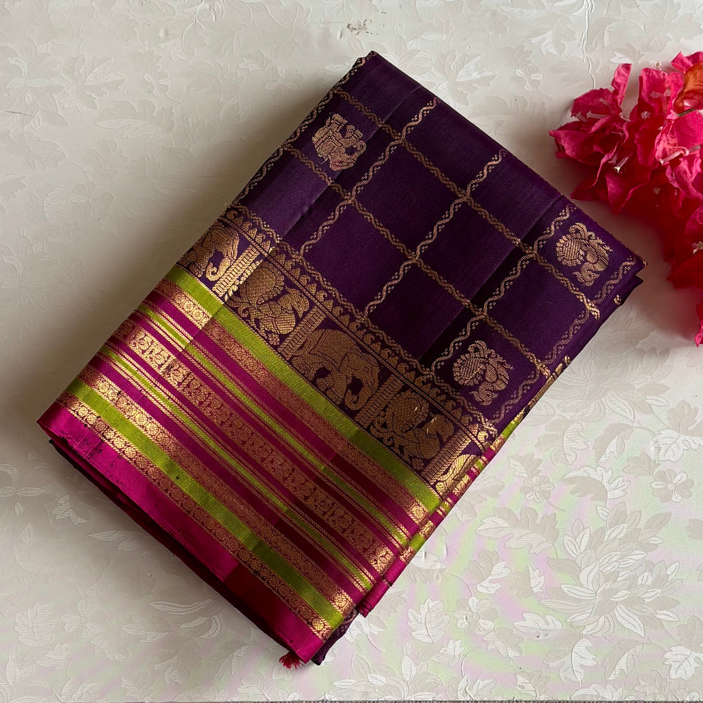 Deep Purple Checkered Designer Pure Silk Saree With Magenta Pallu
