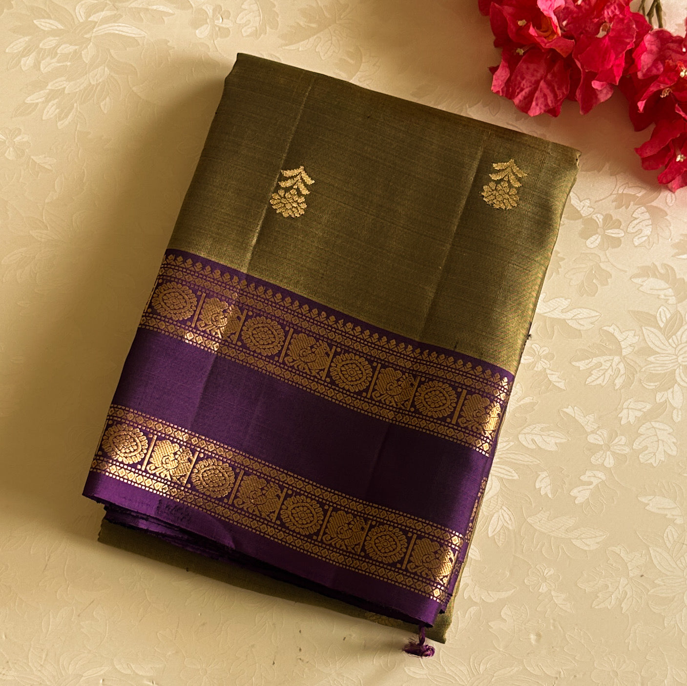 Royal Purple Silk Saree Olive Green Body Gold Brocade Border