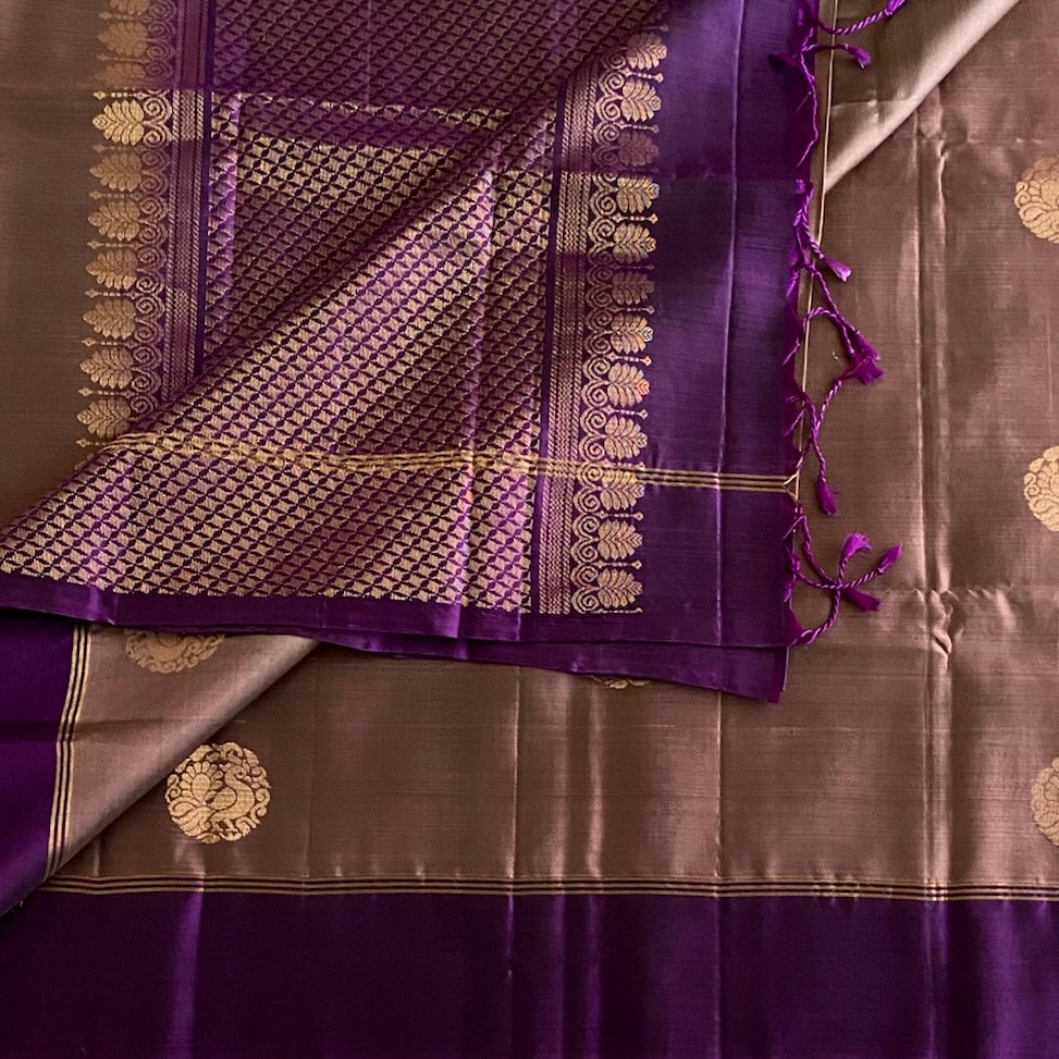Metallic Biscuit Brown Designer Pure Silk With Royal Purple Pallu